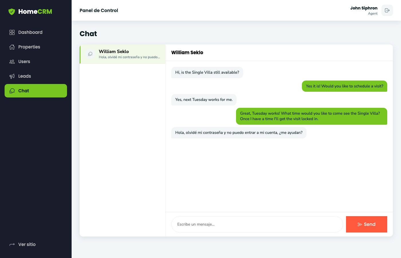 Conversación de chat en el panel Admin